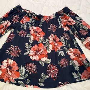 Trendy Boutique Floral Off-Shoulder Blouse - Navy and Pink